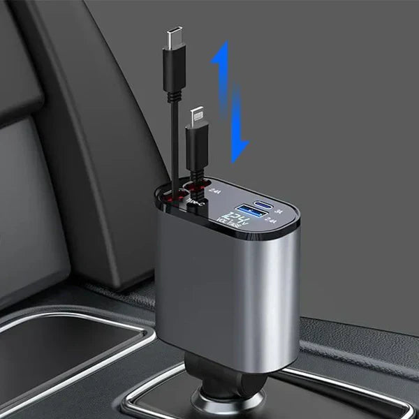 4 in 1 Retractable Car Charger - Super Fast Charging Dual USB Ports, Compatible with iPhone, iPad, Pixel, Tablets, Android Phones