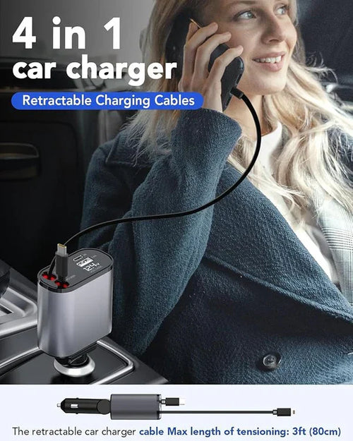 4 in 1 Retractable Car Charger - Super Fast Charging Dual USB Ports, Compatible with iPhone, iPad, Pixel, Tablets, Android Phones