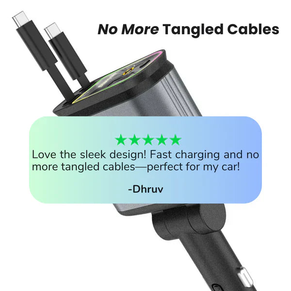 4 in 1 Retractable Car Charger - Super Fast Charging Dual USB Ports, Compatible with iPhone, iPad, Pixel, Tablets, Android Phones